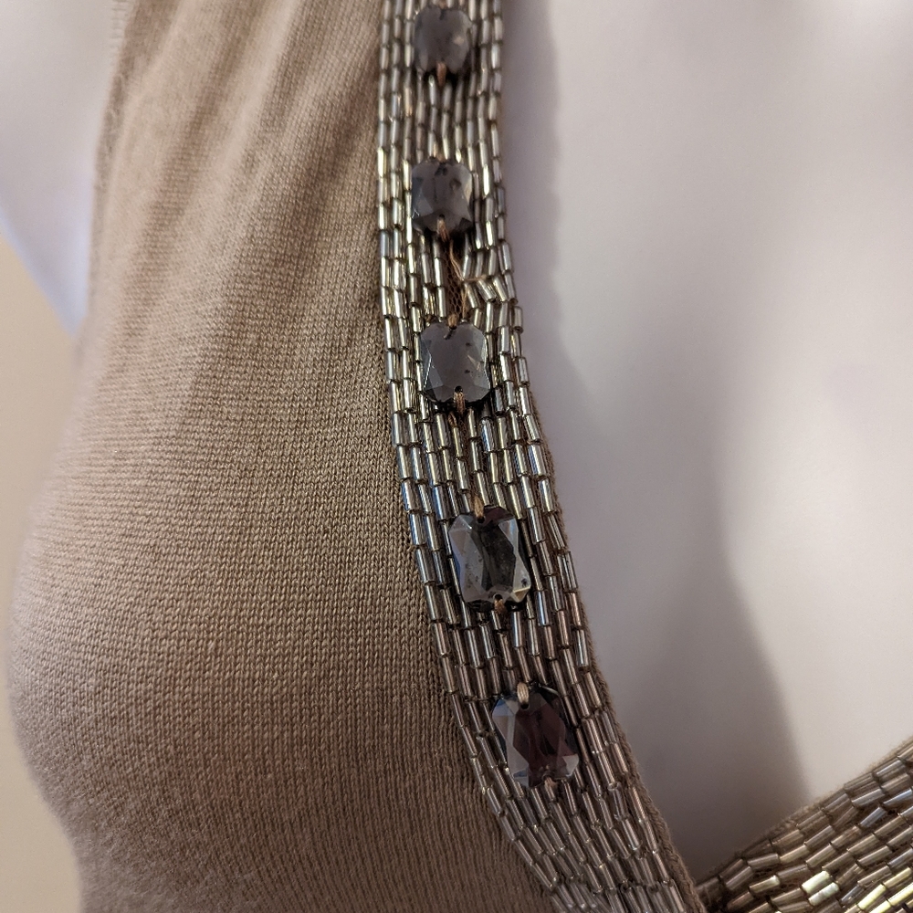 Magaschoni tan beaded neckline silk/cashmere blend tank sweater dress. - Picture 6 of 9